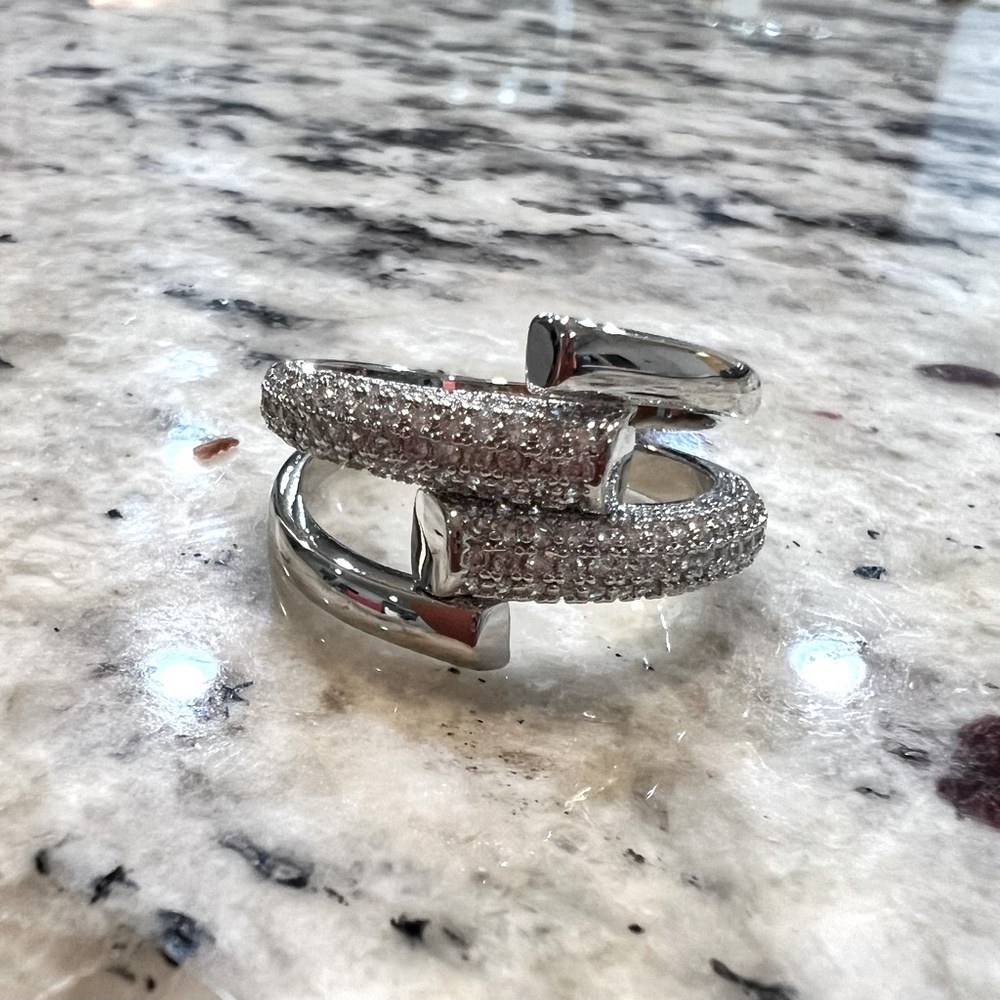 Silver Stainless Steel & Pave Ring, Sz 8 -NEW